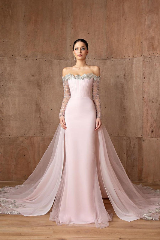 edgynewlook Charming Pink Satin Off the Shoulder Long Sleeves Long Prom Dress with Beadings