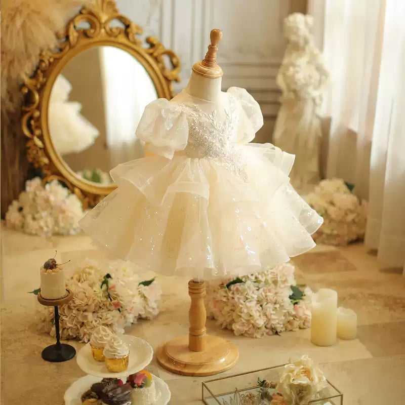 Short Sleeves A-Line/Princess Lace Baby Girl Dress with Beading Appliques & Bow