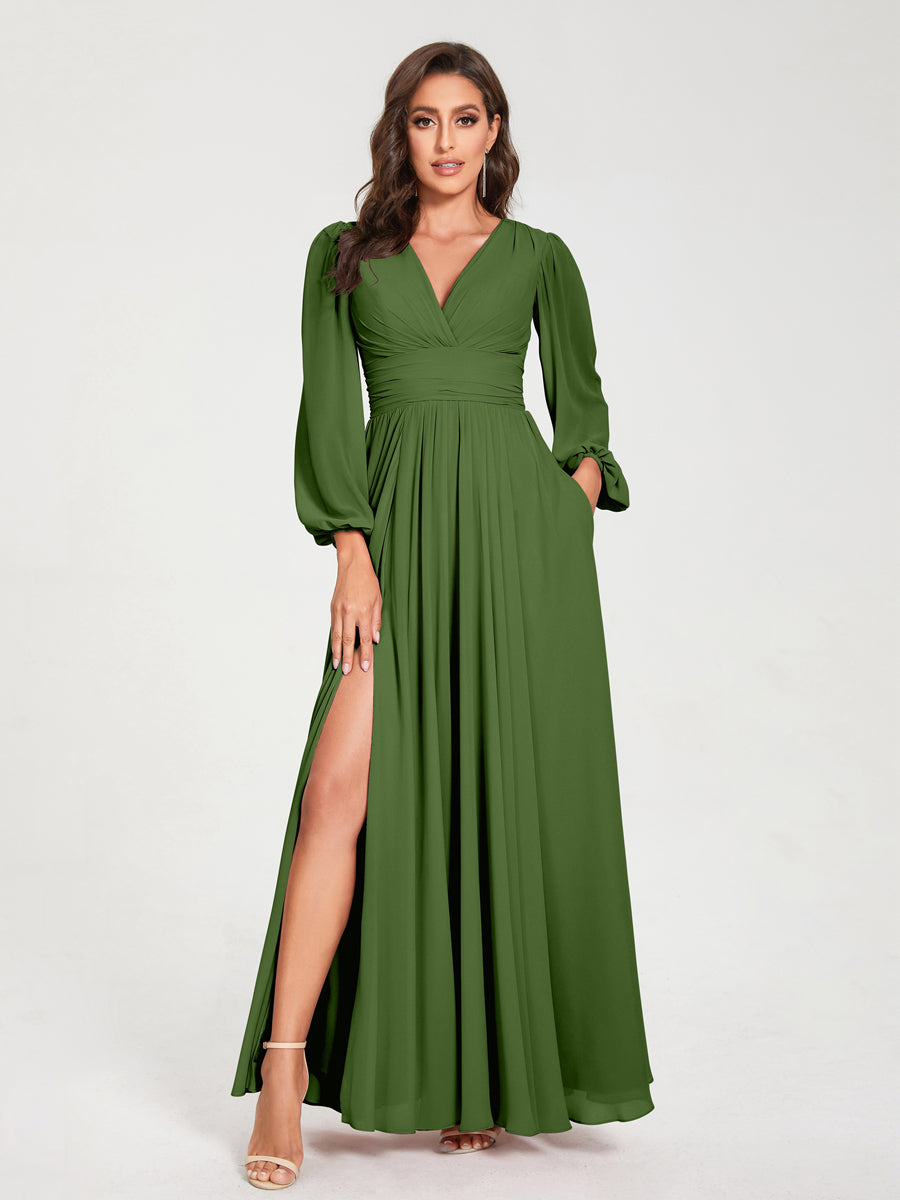 A-Line/Princess V-Neck Long Sleeves Floor-Length Bridesmaid Dresses with Pockets & Split Side