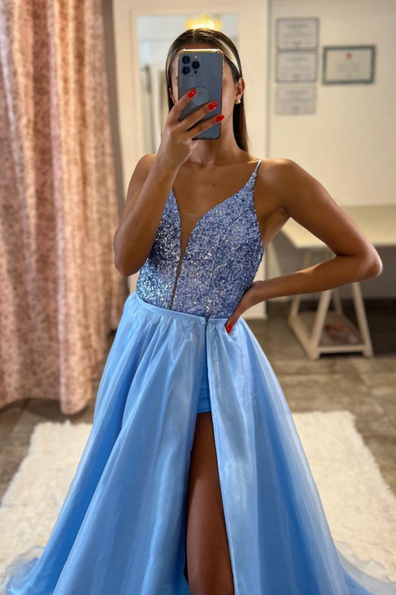 Blue Lace-Up V-Neck Spaghetti Strap Long Prom Dress With Slit YL0015