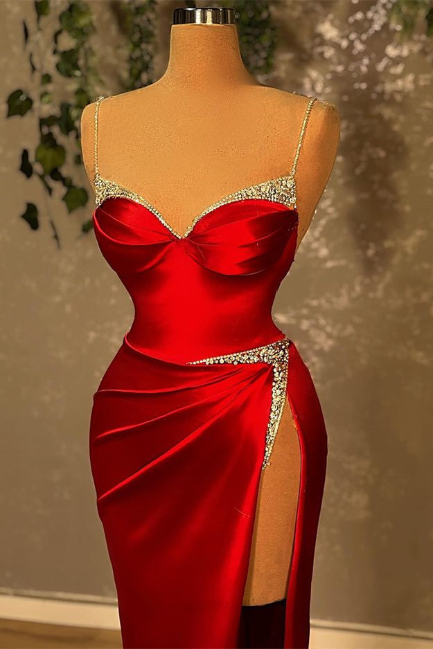 Red Spaghetti-Straps Beadings Mermaid Prom Dress With Split PD0828