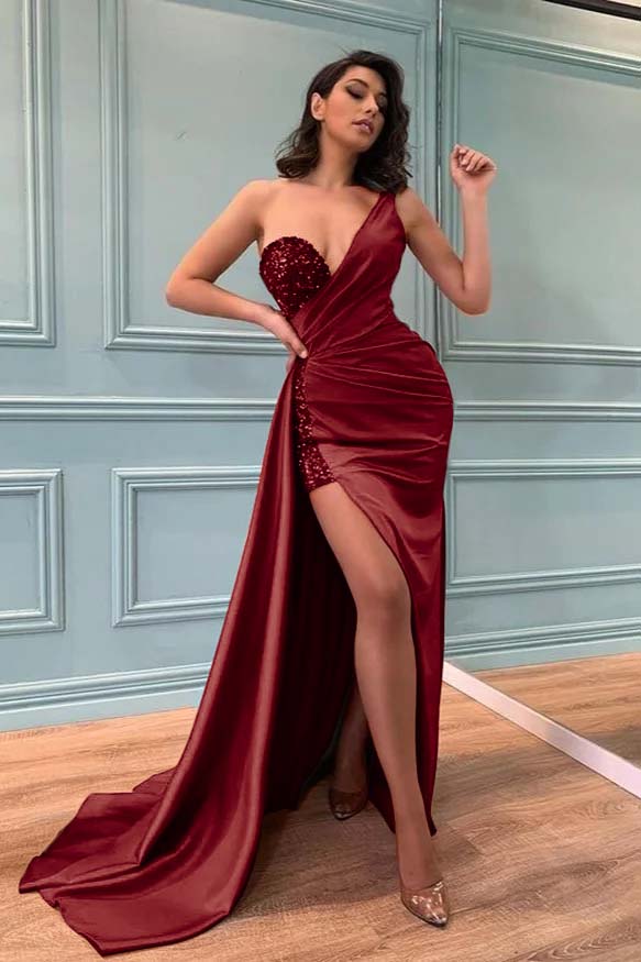 One Shoulder Red Slit Prom Dress Sequins PD0199