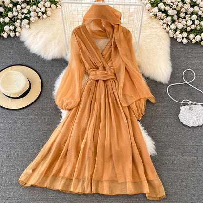 Cute V Neck Soft Chiffon Dress Fashion Girl Dress And Scarf  10791