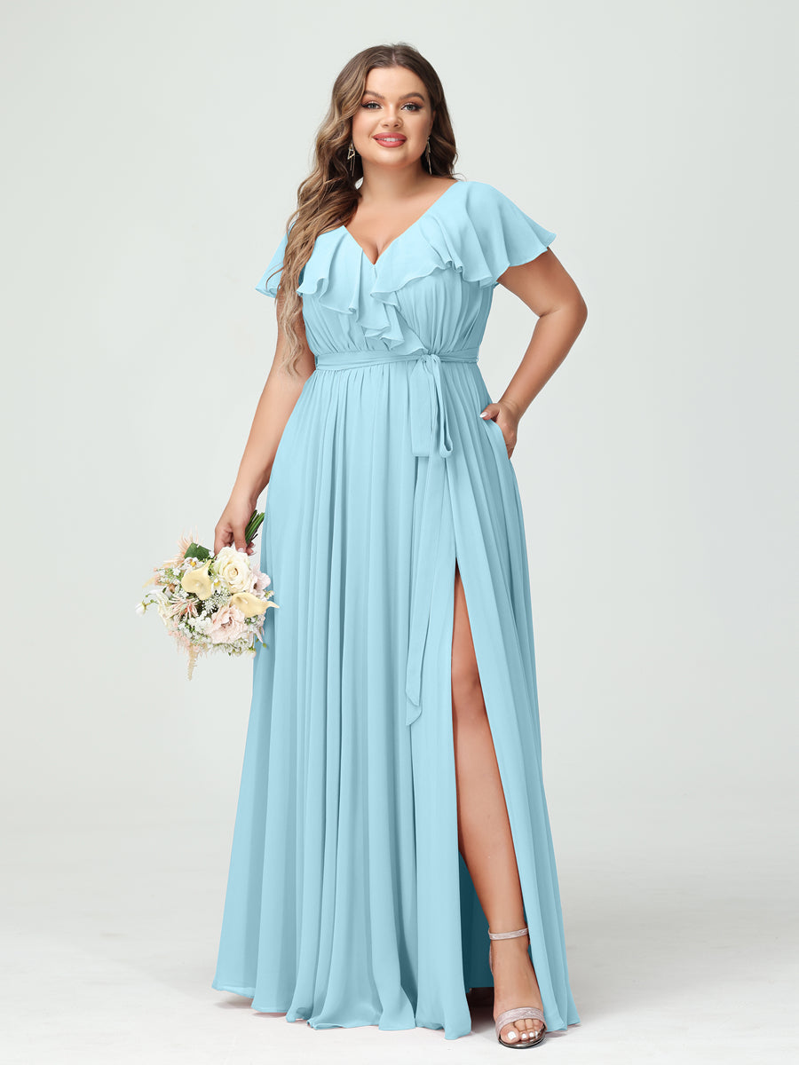 A-Line/Princess V-Neck Short Sleeves Chiffon Plus Size Bridesmaid Dresses With Pockets,Ruffles  ,Ruched & Split Side