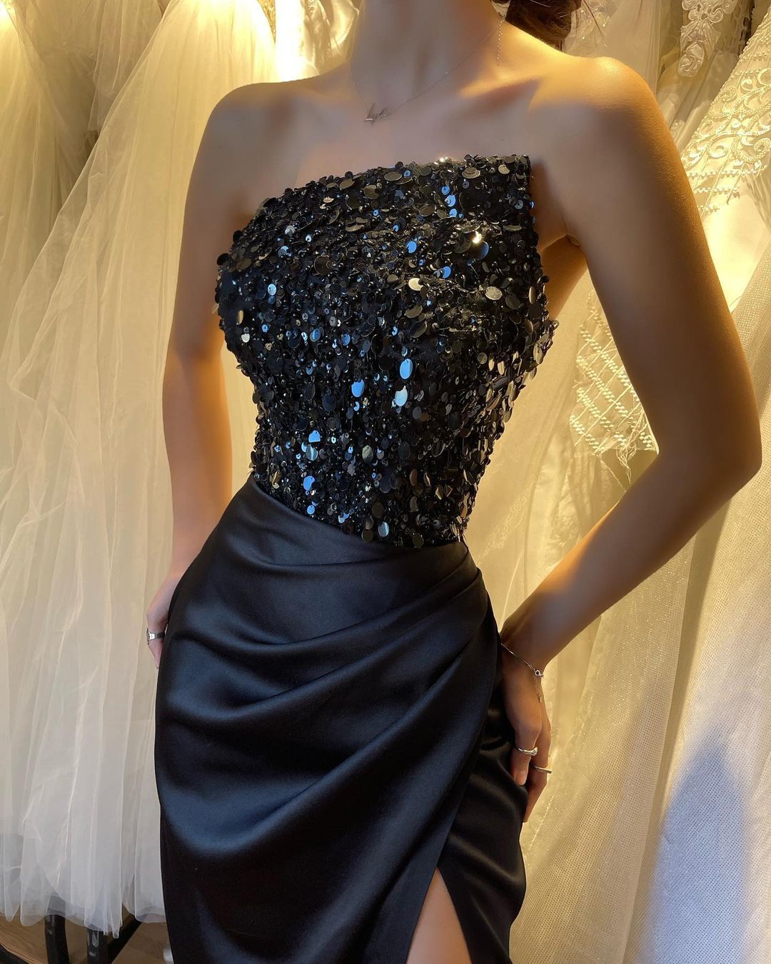 Beautiful Black Prom Dress Sequins Sleeveless Strapless With High Slit YL0308