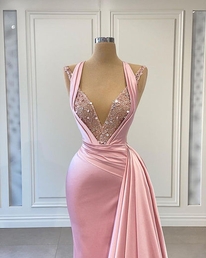 Elegant Pink Halter Slim Prom Dress Shining V Neck Mermaid Dress ED0761