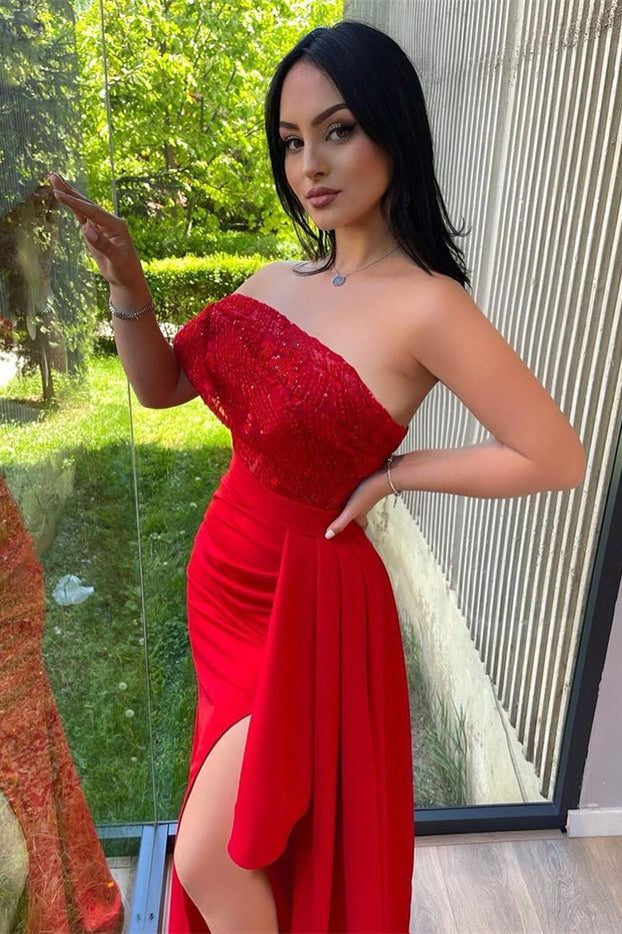 Red One Shoulder Sequins Strapless Split Mermaid Prom Dress With Lace Appliques PD0833