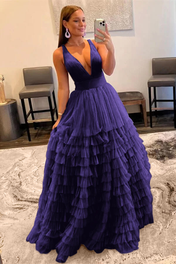 Elegant Lilac V-Neck Tulle layers Prom Dress With Sleeveless Online ED0193