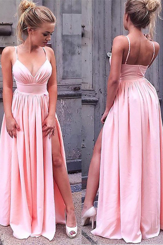 Spaghetti-Straps Pink Prom Dress With Slit PD0284