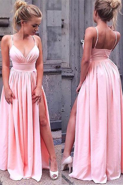 Spaghetti-Straps Pink Prom Dress With Slit PD0284