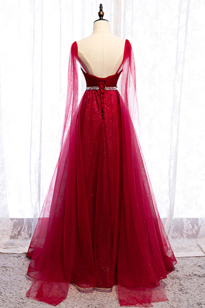 Edgynewlook Burgundy Spagetti-Strap Sleeveless Prom Dress Tulle Ruffles with Beadings