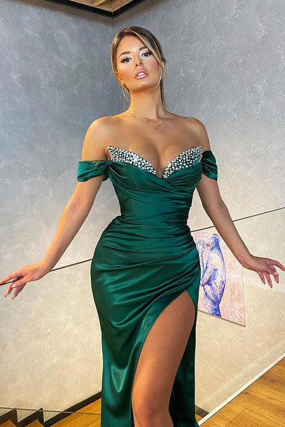 Dark Green Off-the-Shoulder Mermaid Prom Dress Split PD0465