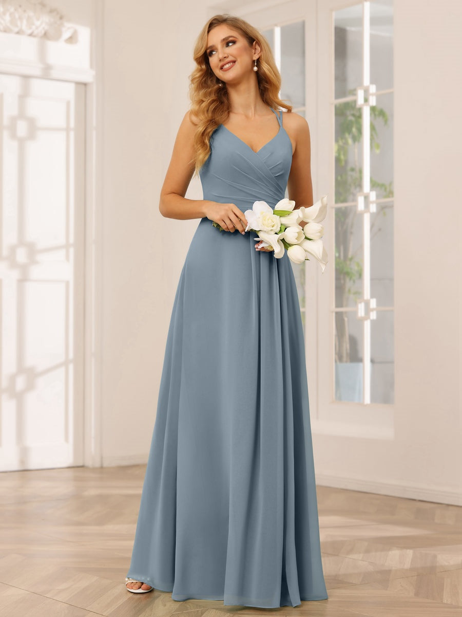 A-Line/Princess V-Neck Sleeveless Floor-Length Bridesmaid Dresses with Ruffles