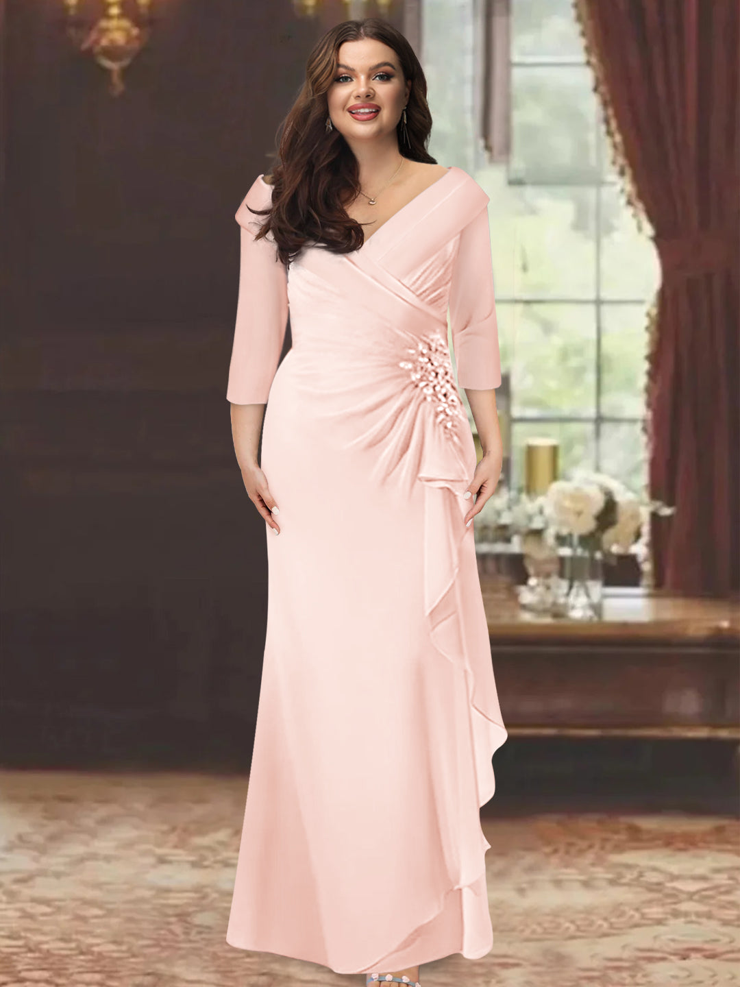 Sheath/Column V-Neck Half Sleeves Floor-Length Plus Size Mother of the Bride Dresses with Ruffles & Appliques