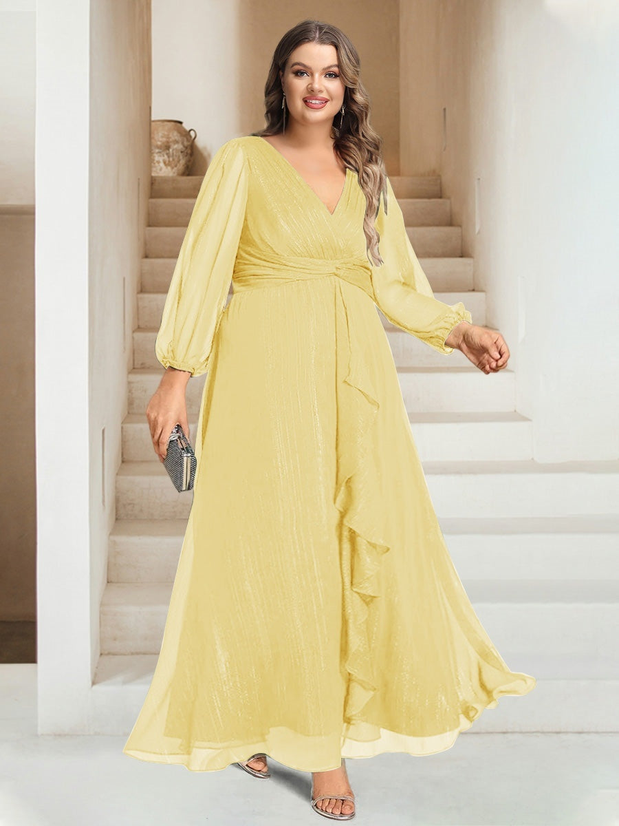 A-Line/Princess V-Neck Ankle-Length Long Sleeves Plus Size Bridesmaid Dresses