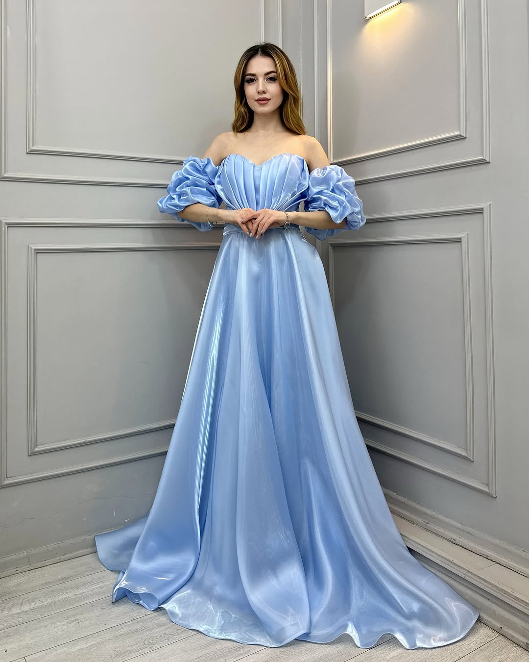 Blue Off-The-Shoulder Bright Tulle Long Prom Dress ZT0498