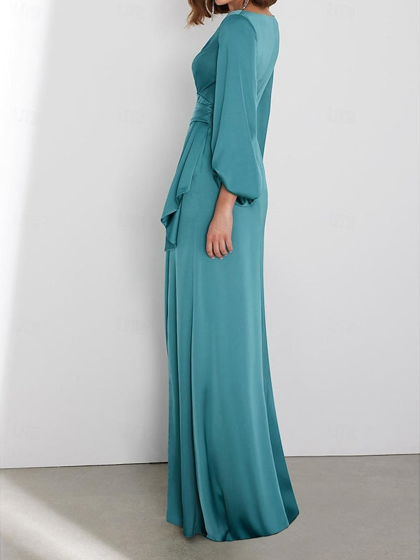 A-Line  Floor Length Long Sleeve V Neck Wedding Guest Dresses Tie Charmeuse with Ruched