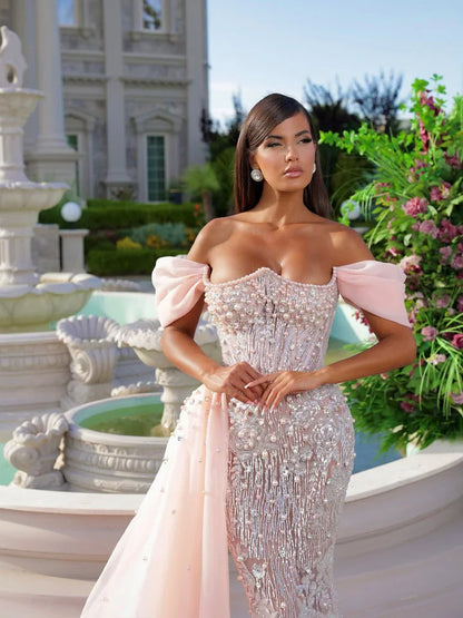 Luxurious Pink Off-the-shoulder Prom Dress Beaded Long Mermaid Dress YB0039