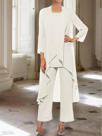 Chiffon Round Neck 3/4 Length Sleeves Ankle-Length Mother of the Bride Pantsuits with Jacket