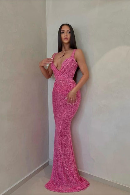 Sexy Pink Long Sequins Prom Dress V Neck Mermaid Sleeveless YL0268