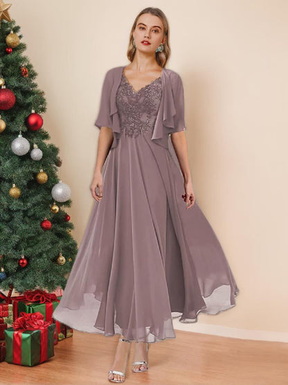 A-Line/Princess V-Neck Tea-Length Mother of the Bride Dresses