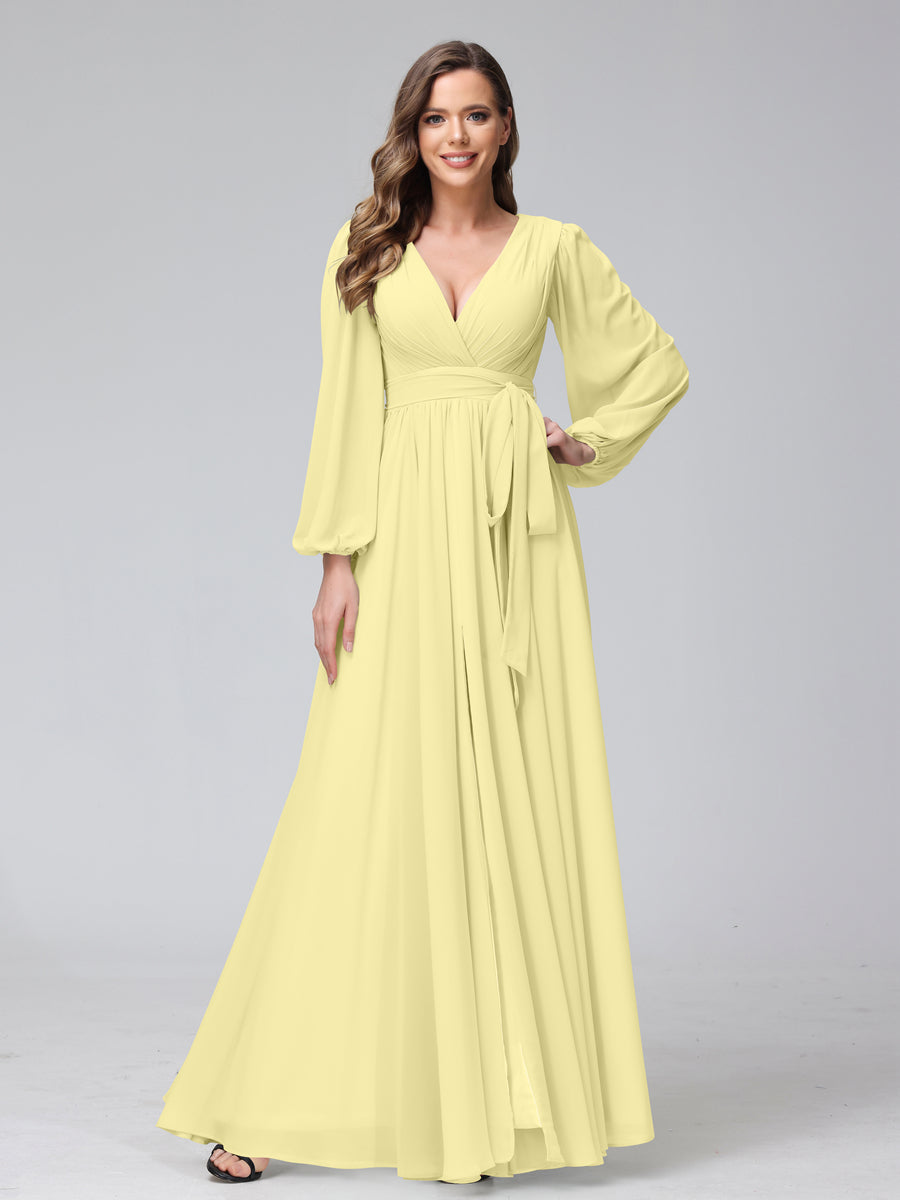 A-Line V-Neck Long Sleeves Chiffon Long Bridesmaid Dresses With Ruffles Split Side