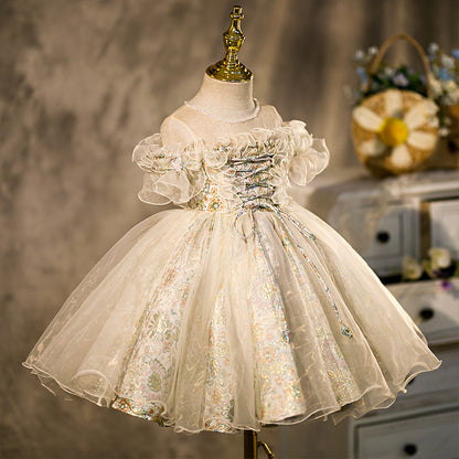 Ruffled short Sleeves Knee-Length Embroidery Flower Girl Dress with Beading