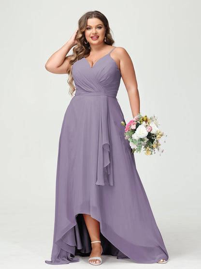 A-Line/Princess Spaghetti Straps Chiffon Ruffles Asymmetrical Plus Size Bridesmaid Dresses with Pockets