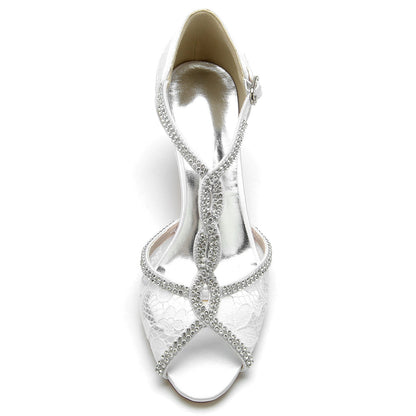 Women's Wedding Shoes Lacework Mini Crystal Strappy Mid Peep Toe Buckle Bridal Shoes