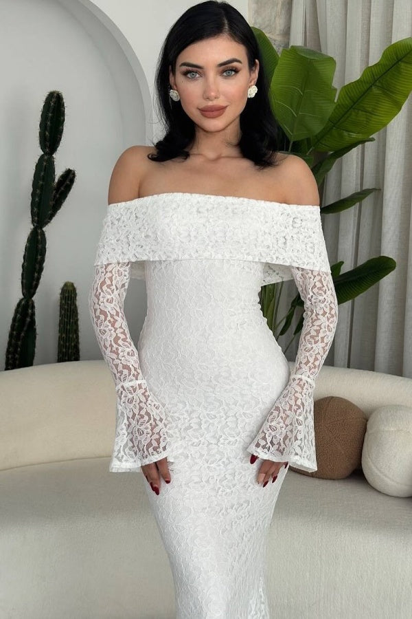 White Slim Fit Lace Mermaid Strapless Long Sleeves Prom Dress ZT0308