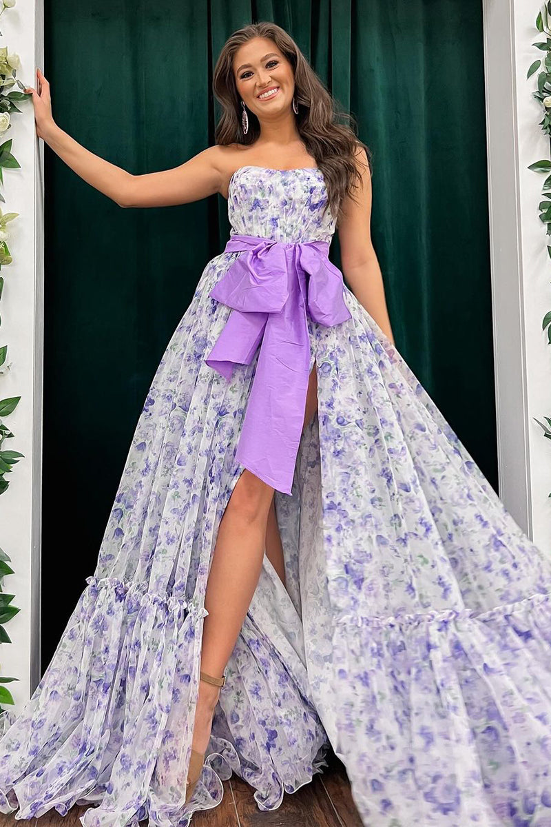 Chic Floral Printed Chiffon Strapless Long Prom Dresses with Slit