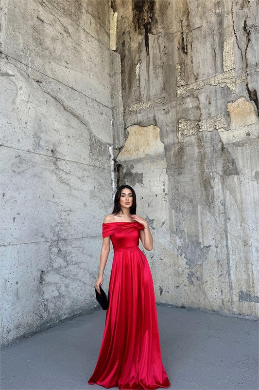 edgynewlook Glamorous Red Satin Strapless Off the Shoulder Pleated Long Prom Dress with Ruffles