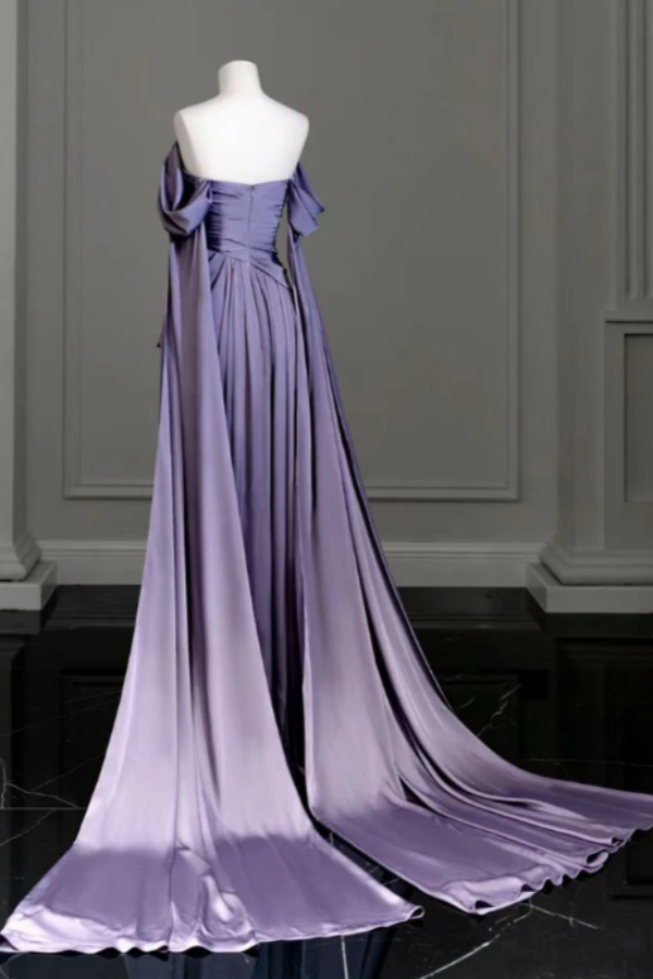 Purple Off-The-Shoulder Pleated Long Prom Dress With Trailing On Both Sides ZT0580