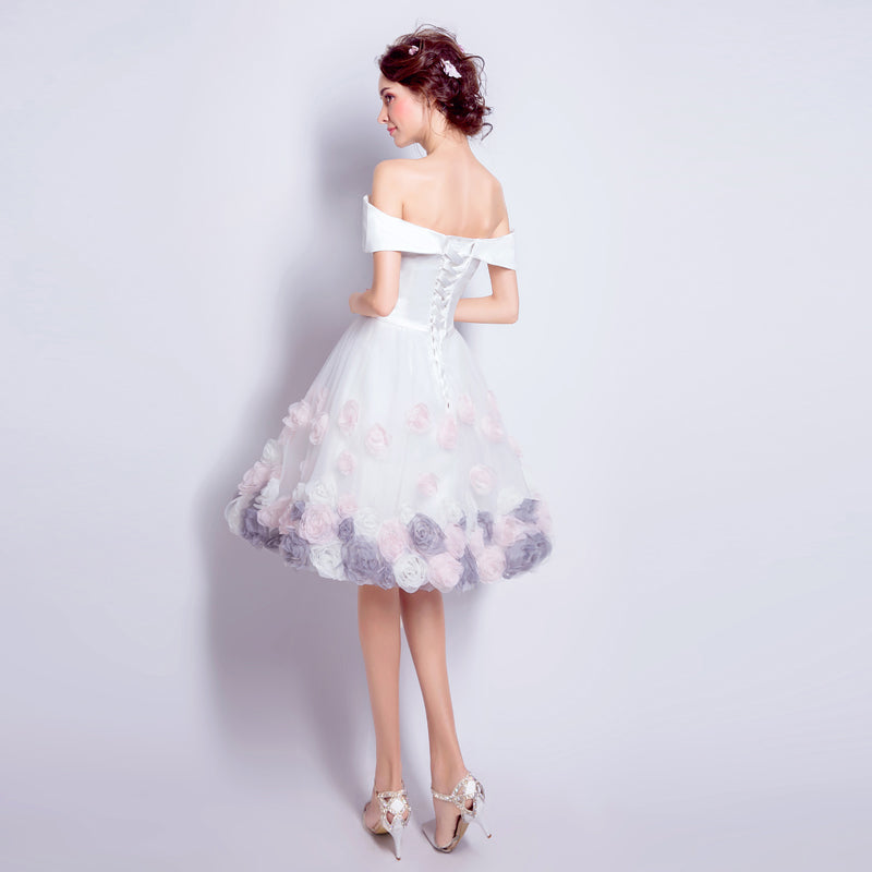 White satin tulle short prom dress white homecoming dress  8898