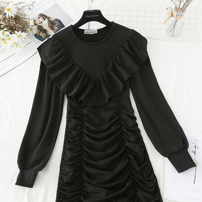 Round neck Ruffle fashion French Vintage Dress  4820