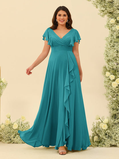 A-Line/Princess V-Neck Plus Size Bridesmaid Dresses with Ruffles