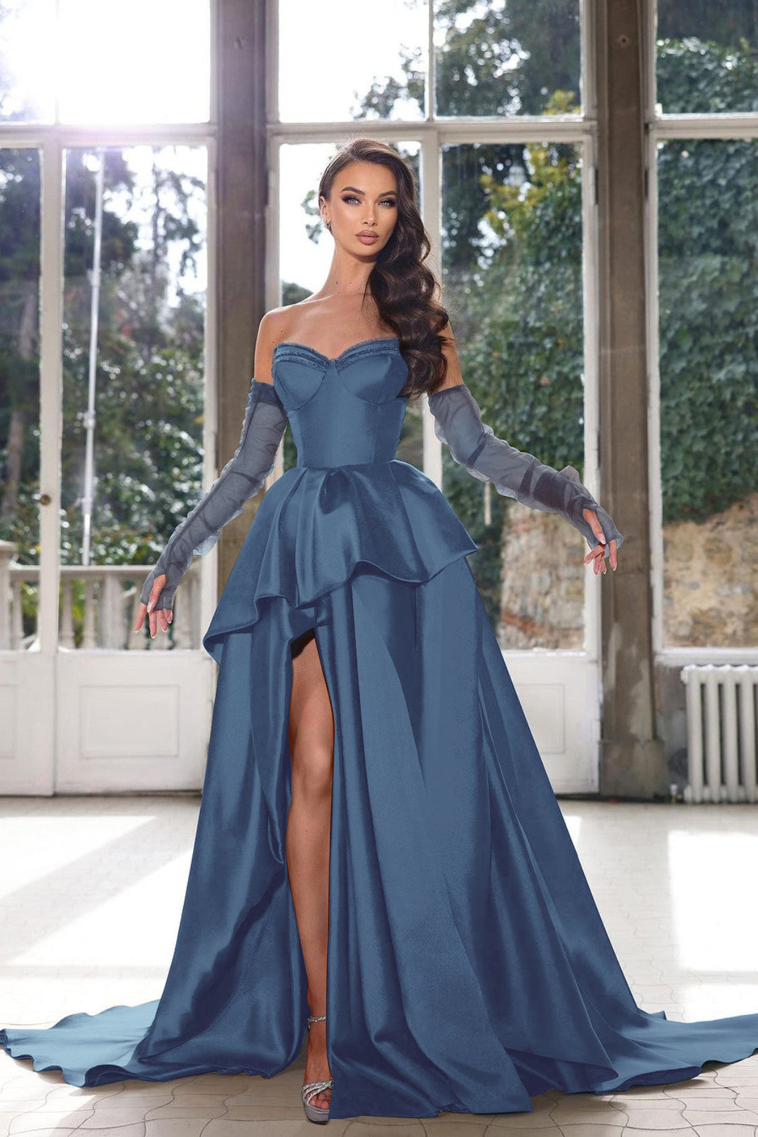 Glamorous Half Sleeves Ink Blue Prom Dress Strapless With High Slit Gown YL0287