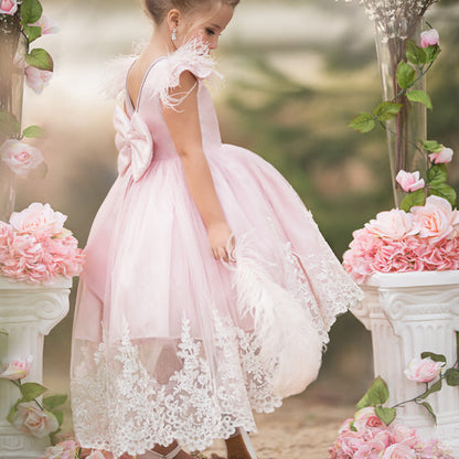 Ball Gown Asymmetrical High Low Flower Girl Dresses with Applique & Feather