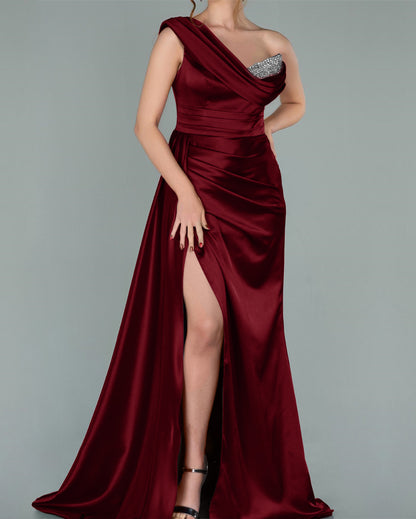 Burgundy Elegant One Shoulder V-Neck Slit Prom Dress With Sequins Mermaid ED0298