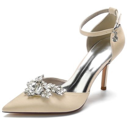 Women's Wedding Shoes High Heel Pointed Toe Buckle Bridal Shoes with Rhinestones