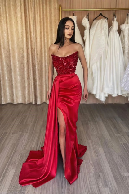 edgynewlook Red Strapless Sleeveless Prom Dress Split with Sequins