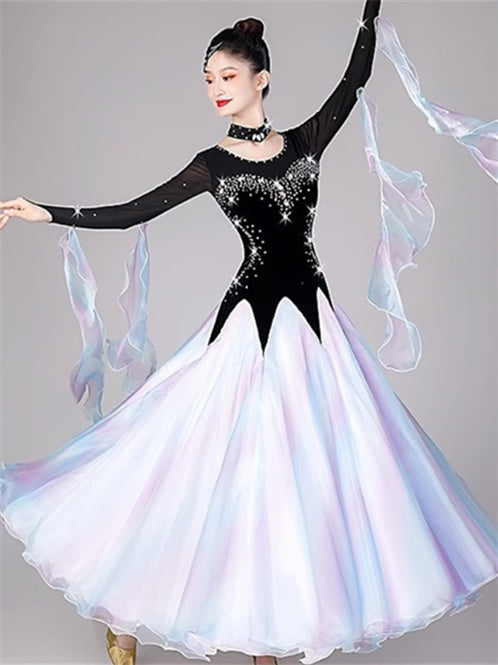 Women's Dancewear Ballroom Dance Dress Splicing Crystals/Rhinestones Women's Performance  Long Sleeve