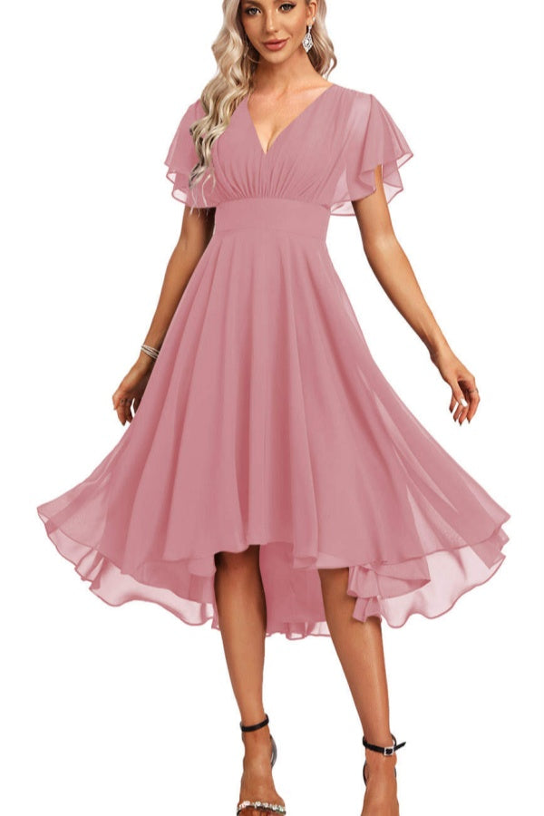 Fashion V-neck Solid Homecoming Dress Short Sleeve Prom Dress CM198