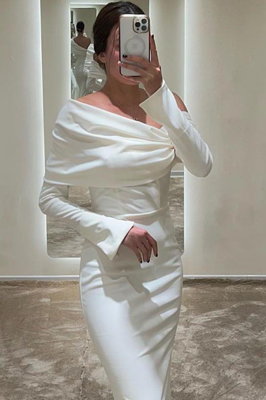 edgynewlook Chic White Satin Off the Shoulder Long Sleeves Mermaid Prom Dress with Pleated