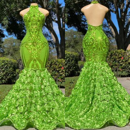 Prom Dress Green Halter Open Back Mermaid Sleeveless Flower Appliques YL0110