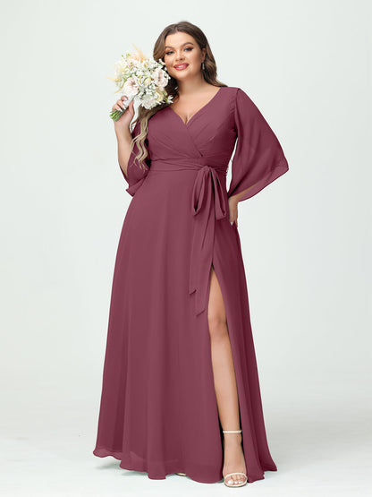 A-Line/Princess/Princess V-Neck Long Sleeves Chiffon Plus Size Bridesmaid Dresses With Pockets Belt & Split Side