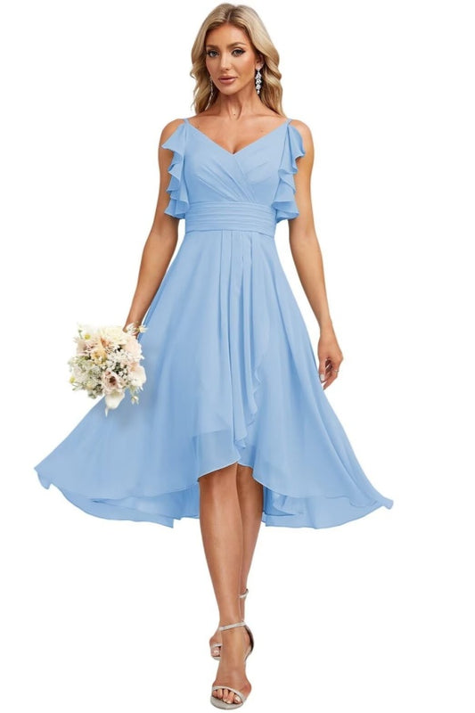 Baby Blue Spaghetti Strap Homecoming Dress Ruffles Prom Dress PU141