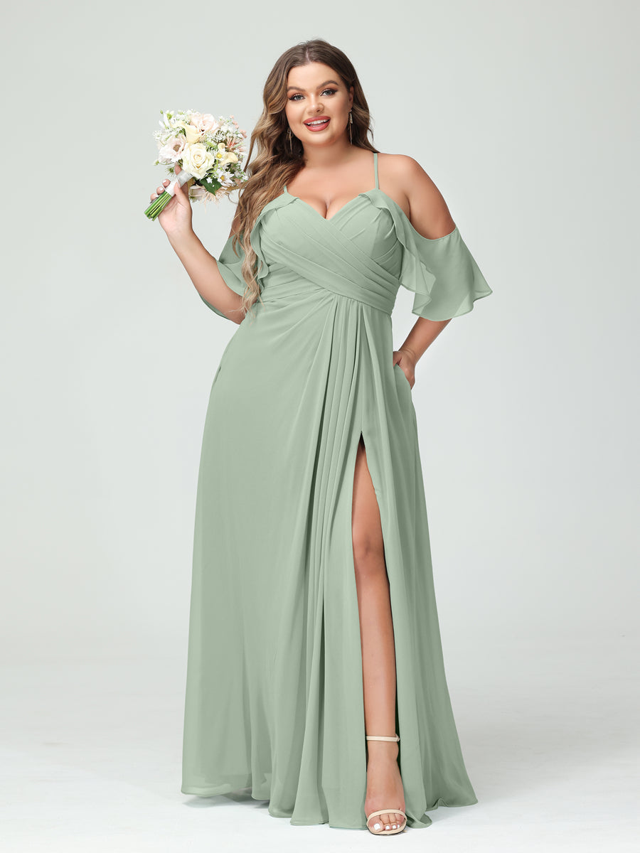 A-Line/Princess/Princess Spaghetti Straps Short Sleeves Chiffon Plus Size Bridesmaid Dresses with Pockets,Ruched Split Side