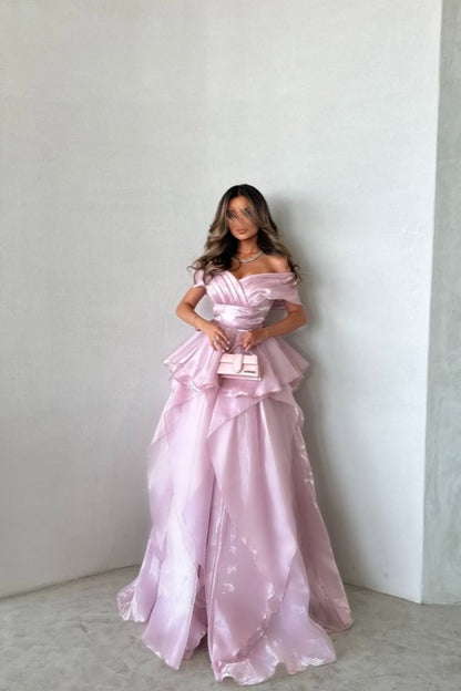 Pink Off-The-Shoulder Mesh Pleated Prom Dress ZT0478