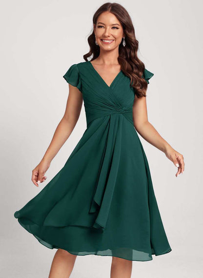 Chic Dark Green V Neck Homecoming Dress Fly Sleeve Prom Dress VS007